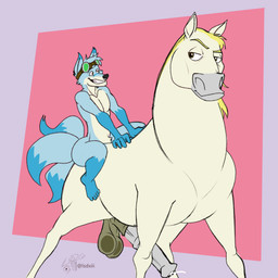 3_tails animal_genitalia animal_penis anthro anthro_on_feral anthro_penetrating balls bedroom_eyes bestiality big_balls bodily_fluids cum duo equine_genitalia equine_penis excited eyewear eyewear_on_head feet feral feral_penetrated fingers genital_fluids genitals goggles goggles_on_head hair happy horseback_riding implied_insertion larger_feral larger_male larger_penetrated larger_sub male male/male male_anthro male_feral mane mane_hair multi_tail narrowed_eyes penetration penis pink_background purple_background riding_on_back seductive simple_background size_difference smaller_anthro smaller_male smile smiling_at_another smiling_at_each_other submissive tail lsdxiii disney tangled_(disney) gilbert_(ss7xeno) maximus_(tangled) canid canine equid equine fox horse mammal 1:1 2026 absurd_res colored flat_colors hi_res