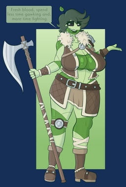armor axe battle_axe belt belt_buckle big_breasts black_eyes boots bottomwear breasts buckle cleavage clothed clothing dialogue female footwear green_body green_hair green_skin hair holding_object holding_weapon huge_breasts knee_pads ko-hia looking_at_viewer melee_weapon non-mammal_breasts not_furry open_mouth padding shoes short_hair shoulder_pads simple_background skimpy skirt solo speech_bubble standing talking_to_viewer text thick_thighs topwear unconvincing_armor weapon wide_hips lonely-labs animal_humanoid arthropod arthropod_humanoid humanoid insect insect_humanoid alpha_channel digital_media_(artwork) english_text hi_res