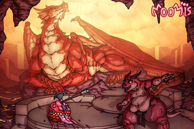 anthro axe belly big_belly butt cake claws dessert detailed_background duo expansion expansion_sequence feral food moobs red_body size_difference teeth thick_thighs wide_hips wings moomis mythology dragon food_creature monster mythological_creature mythological_scalie scalie 3:2 digital_media_(artwork) hi_res multiple_scenes sequence signature