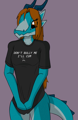 anthro black_clothing black_shirt black_topwear blue_horn bottomless breasts butt clothed clothing clothing_pull countershade_torso countershading emoticon female frown hair horn long_hair looking_down orange_eyes orange_hair shirt simple_background small_breasts solo tail teal_body teal_scales text text_on_clothing text_on_shirt text_on_topwear topwear flawedspirit don't_bully_me_i'll_cum mythology selena_(flawedspirit) dragon mythological_creature mythological_scalie scalie 2025 absurd_res digital_drawing_(artwork) digital_media_(artwork) english_text hi_res shaded