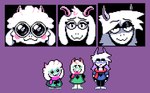 anthro barefoot big_eyes blush blush_stickers chibi clothing eyewear feet floppy_ears fur glasses group horn lidded_eyes male robe trio white_body white_fur lillbirb deltarune undertale_(series) ralsei bovid caprine goat mammal digital_media_(artwork) pixel_(artwork)