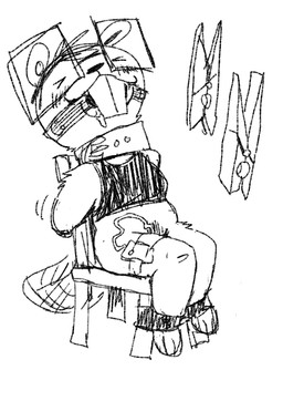 ankle_cuffs anthro bdsm big_teeth blush bondage bound chair chair_bondage clothes_pin collar cuff_(restraint) egg_vibrator eyes_closed eyewear female furniture glasses hands_behind_back hands_tied pinch rectangular_glasses restraints sex_toy solo struggling vibrator wearing_glasses wahlgo zelda_(wahlgo) beaver mammal rodent black_and_white hi_res monochrome sketch