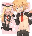 black_bottomwear black_clothing black_topwear blonde_hair bodily_fluids bottomwear clothing costume covering covering_crotch duo eyebrows eyes_closed fake_ears fake_rabbit_ears femboy fingernails hair halo hand_on_arm holding_arm humanoid_pointy_ears knock-kneed monotone_hair monotone_necktie multicolored_necktie nails navel necktie nipples open_mouth orange_hair pasties pink_tongue pointy_ears red_necktie reverse_bunny_costume sweat sweatdrop teeth tongue topwear two_tone_necktie white_wings wings komiya_harumoto interspecies_reviewers crimvael_(interspecies_reviewers) zel_(interspecies_reviewers) angel angel_humanoid elf humanoid mammal winged_humanoid