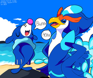 ambiguous_gender anthro beach beak blue_body blue_feathers cloud duo eyes_closed fangs feathers feral markings open_mouth sea sky speech_bubble tail teeth tongue water whisker_markings sleepy_sealion nintendo pokemon avian bird generation_7_pokemon generation_9_pokemon pokemon_(species) popplio quaquaval 2025 6:5 dated hi_res signature