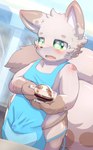 anthro apron blue_apron blue_clothing blush bodily_fluids bulge cheek_tuft chest_tuft clothing collarbone cute_fangs facial_tuft fangs fingers fur fur_tuft genital_fluids green_eyes head_tuft light_body light_fur male open_mouth pink_tongue precum precum_through_apron precum_through_clothing sweat teeth tongue tuft wet wet_clothing young young_anthro young_male popkage kemopop! brock_(kemopop!) mammal hi_res