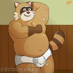 anthro armpit_hair body_hair brown_body bulge clothing male open_mouth overweight overweight_male red_nose smile solo underwear clumsydrawing robot_dreams rascal_(robot_dreams) mammal procyonid raccoon 1:1 2024 hi_res