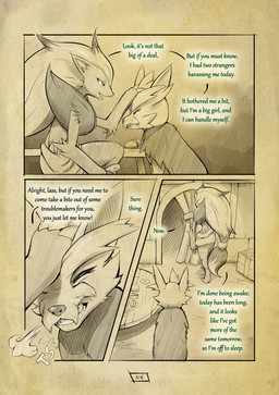 anthro biped claws cloud dialogue eyes_closed fangs feral finger_claws fur furniture green_eyes hair headpat inside long_hair open_mouth petting quadruped table tail teeth text truescorn nintendo pokemon pokemon_mystery_dungeon shadows_for_hire spike_chunsoft clarity_(truescorn) snuff_(truescorn) generation_5_pokemon herdier pokemon_(species) zoroark 2025 comic english_text hi_res