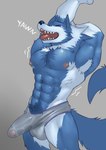 abs anthro blue_body blue_fur bodily_fluids bulge clothed clothing erection erection_under_clothing fur grey_background male morning_wood muscular muscular_anthro muscular_male nipples open_mouth pecs pubes simple_background smile solo standing stretching tears tongue underwear yawn fleshformomo capcom darkstalkers mythology jon_talbain canid canine canis mammal mythological_canine mythological_creature werecanid werecanine werecreature werewolf wolf absurd_res hi_res