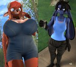 anthro barefoot big_breasts braided_hair braided_ponytail breasts clothing container cowbell duo feet female glass glass_container hair horn huge_breasts mature_female multiple_angles outside overalls paws plantigrade ponytail red_hair revamped_anthros shortalls size_difference slightly_chubby slightly_chubby_female toes donglysfm warfaremachine_(modeler) domi_(domibun) freya_(donglysfm) bovid bovine cattle mammal 3d_(artwork) absurd_res digital_media_(artwork) hi_res source_filmmaker_(artwork)