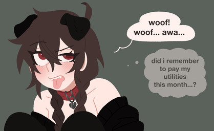 blush braided_pigtails brown_hair clothing collar collar_tag eyeliner female grey_background hair heart_tag light_body light_skin long_sleeve_shirt makeup off-shoulder_top pink_tongue red_collar red_eyes simple_background solo speech_bubble sweater text text_on_collar_tag thought_bubble tongue topwear wearing_collar woof_(sound_effect) pupn1k canid canine canis domestic_dog humanoid hybrid mammal digital_drawing_(artwork) digital_media_(artwork) english_description english_text hi_res