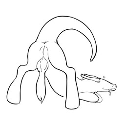 animal_genitalia anus ass_up blind bodily_fluids canine_genitalia disability eyeless feral genital_fluids genitals herm hooves horn inm intersex jack-o'_pose penis pose precum presenting solo tail tongue tongue_out vulva frequencia0 unknown_species 1:1 hi_res monochrome
