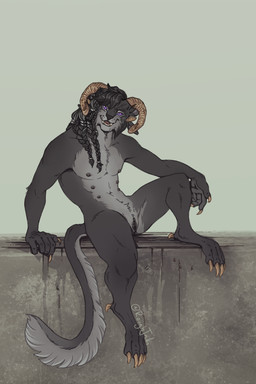 anthro casual_nudity curled_horn dark_body dark_fur dark_hair female fur genital_piercing genitals horn multi_nipple nipples nude piercing pose purple_eyes sitting smile solo tail vulva conditional_dnp roughjaki guild_wars izumi_(dwayyo) charr felid mammal digital_media_(artwork) hi_res pinup