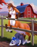 all_fours animal_genitalia animal_penis anthro anthro_on_taur anthro_penetrated balls barn blue_body blue_hair breasts brown_body brown_hair countershading duo equine_genitalia equine_penis female fence from_behind_position genitals gynomorph gynomorph/female hair horn intersex intersex/female mounting multicolored_body nipples nude outside penetration penis sex taur_penetrating taur_penetrating_anthro vaginal vaginal_penetration white_body white_countershading mrcsreminders mythology julia_(werefox) canid canid_taur canine canine_taur equid equine fox fox_taur hybrid mammal mammal_taur mythological_creature mythological_equine taur unicorn 2025 hi_res