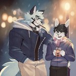 anthro black_hair clothed clothing detailed_background duo food hair male male/male outside scarf snow snowing tail topwear winter winter_clothing dannon-5 pocky danny_(dannon-5) kento_(kmfantasies) canid canine canis lagomorph leporid mammal rabbit wolf digital_media_(artwork) hi_res