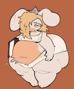 anthro big_butt blonde_hair book bottomwear buckteeth butt clothed clothed_anthro clothed_female clothing countershading crop_top crown dirty dirty_clothing eyebrows eyelashes female female_anthro fur hair headgear huge_butt huge_thighs long_ears long_hair orange_background overweight overweight_female panties ripples rippling_belly rumbling_stomach shirt shorts silver_crown simple_background solo tan_body tan_countershading tan_skin teeth teeth_showing thick_thighs topwear underwear white_body white_bottomwear white_clothing white_ears white_fur white_shirt white_shorts white_topwear fizzooka raving_rabbids rayman_(series) ubisoft rabbid_rosalina lagomorph mammal rabbid 2025 digital_media_(artwork) hi_res