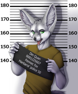 5_fingers anthro big_ears black_nose chart claws clothed clothing fingers front_view fur green_eyes grey_body grey_fur height_chart holding_object holding_sign inner_ear_fluff jail_placard looking_at_viewer male mugshot number open_mouth placard shirt sign solo t-shirt teeth text tongue tongue_out topwear tuft whiskers white_body white_fur kyotoleopard din_quan canid canine fennec_fox fox mammal true_fox digital_media_(artwork) english_text half-length_portrait hi_res portrait shaded