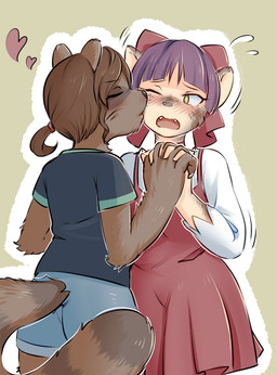 accessory anthro assimilation blush bottomwear brown_body brown_fur brown_hair claws clothed clothing corruption dress duo eyes_closed female female/female fur fur_growth growth hair hair_accessory hair_ribbon hand_holding heart_symbol human_to_anthro kemono kiss_on_cheek kissing one_eye_closed open_mouth purple_hair ribbons shirt short_hair shorts simple_background snout species_transformation topwear transformation transformation_through_kiss yellow_eyes c-3matome gegege_no_kitaro mana_inuyama neko_musume canid canine mammal raccoon_dog tanuki 2018 hi_res pillarbox