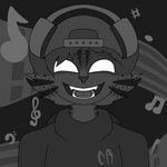 anthro cheek_tuft clothing electronics facial_tuft fangs hair happy hat headgear headphones headwear long_hair male music musical_note musical_symbol smile solo symbol teeth tuft white_eyes cyberrodrigo rodrigo_(cyberrodrigo) felid feline leopardus mammal ocelot 1:1 greyscale hi_res monochrome