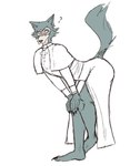 anthro barefoot bent_over blush button_(fastener) cassock claws clothing cross eyewear feet fur glasses green_body green_fur looking_back male priest question_mark raised_tail robe sash shawl shy simple_background solo tail white_background amoriashop beastars legoshi_(beastars) canid canine canis mammal wolf absurd_res hi_res sketch