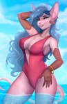 anthro bikini blue_eyes blue_hair breasts cleavage clothed clothing cybernetics ear_piercing ear_ring female hair jewelry long_hair looking_at_viewer machine mechanical_arm necklace one-piece_swimsuit outside partially_submerged piercing ring_piercing sky smile solo standing swimwear teeth two-piece_swimsuit water veliren_rey cyborg mammal murid murine rat rodent 2022 hi_res