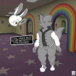 1_eye ambiguous_gender anthro big_butt bottomwear braces butt clothed clothing duo exclamation_point eyes_closed floating footwear fur grey_body grey_ears grey_fur grey_tail hair inside jacket letterman_jacket long_ears male pants question_mark scared shoes standing tail teeth text thick_thighs tongue topwear white_body white_ears white_fur white_hair itsme_hilo the_backrooms lud_(ludlerenardnsfw) angel canid canine canis fox lagomorph leporid mammal rabbit 1:1 2026 digital_media_(artwork) english_text hi_res signature