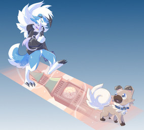 ambiguous_gender anthro blue_body blue_eyes blue_fur brown_body brown_fur clock clock_tower clothing collar feral fur group pink_body pink_fur tail text trio white_body white_fur yellow_eyes liuliankeya nintendo pokemon kian_(kianyemao) canid canine felid feline generation_5_pokemon generation_7_pokemon lycanroc mammal midnight_lycanroc pokemon_(species) purrloin rockruff shiny_pokemon absurd_res english_text hi_res