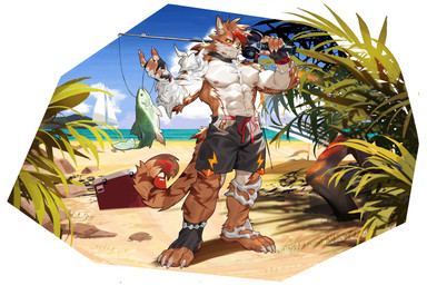 anthro barazoku beach bone_accessory bottomwear clothing fishing_rod male muscular muscular_anthro muscular_male sea shorts solo tail water moodraw felid mammal pantherine tiger 2025 absurd_res detailed hi_res
