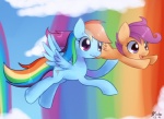 blue_body blue_feathers blue_fur cloud cutie_mark duo feathered_wings feathers female feral flying fur hair multicolored_hair multicolored_tail outside purple_eyes rainbow rainbow_hair rainbow_tail sky skyscape tail wings young young_feral bukoya friendship_is_magic hasbro my_little_pony mythology rainbow_dash_(mlp) scootaloo_(mlp) equid equine mammal mythological_creature mythological_equine pegasus 2012