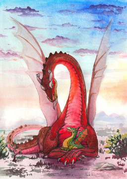 ambiguous_gender claws cloud countershade_torso countershading day duo extreme_size_difference feral finger_claws green_body green_scales horn long_neck long_tail looking_at_another lying membrane_(anatomy) membranous_wings on_front outside red_body red_scales scales size_difference sky snout tail wings yellow_eyes nargilflamewolf european_mythology mythology the_flight_of_dragons gorbash smurgol dragon mythological_creature mythological_scalie scalie western_dragon 2025 hi_res painting_(artwork) shaded watercolor_(artwork) male_(lore)