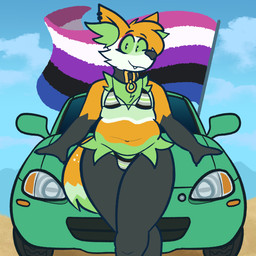 agender_pride_colors ambiguous_gender anthro beach belly bikini black_body black_collar black_fur black_nose car chest_tuft clothing collar ear_piercing ear_ring fur genderfluid_pride_colors gloves_(marking) gold_(metal) green_body green_fur green_inner_ear_fluff inner_ear_fluff leaning_on_car lgbt_pride looking_at_viewer markings navel orange_body orange_fur outside piercing pride_color_bikini pride_color_clothing pride_color_flag pride_color_swimwear pride_colors ring_piercing sand sea slightly_chubby slightly_chubby_ambiguous slightly_chubby_anthro solo swimwear tuft two-piece_swimsuit vehicle water wearing_collar stratica lgbt_pride_month autumn_(mantidate) canid canine fox mammal platinum_fox red_fox true_fox 2026 absurd_res digital_drawing_(artwork) digital_media_(artwork) english_description hi_res agender_(lore) genderfluid_(lore)