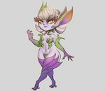 alternate_species breasts dddoodles elemental_creature elemental_humanoid eyelashes female flora_fauna fur grey_background hair humanoid leaf_bikini league_of_legends navel organic_high_heels plant plant_humanoid pupils purple_body purple_fur riot_games short_stack simple_background slit_pupils small_breasts smile solo tencent thick_thighs white_hair wide_hips yellow_eyes yordle zyra_(lol)