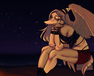 alternate_costume alternative_fashion anthro beach biped black_clothing black_crop_top black_shirt black_topwear bone_frill bottomwear bracelet clothed clothed_anthro clothed_female clothing collar crop_top elbow_feathers eyebrow_piercing eyebrow_ring facial_piercing feathered_wings feathers female female_anthro fingerless_gloves fishnet_clothing fishnet_gloves fishnet_handwear fishnet_leggings fishnet_legwear fishnet_topwear frill_(anatomy) gloves grey_hair hair half-closed_eyes handwear jewelry leggings legwear long_hair looking_at_viewer markings narrowed_eyes night orange_eyes outside piercing pose punk ring_piercing sea shirt short_tail shorts side_view sitting sky smile solo spiked_bracelet spiked_collar spikes star starry_sky striped_markings stripes tail text topwear water wings ez_syrup goodbye_volcano_high ko_op_(game_developer) fang_(gvh) prehistoric_species pterosaur reptile scalie 2025 absurd_res artist_name colored digital_media_(artwork) hi_res shaded