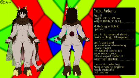 anthro brown_body brown_fur dragon_tail female fur hooves horn insect_wings lepidopteran_wings solo spots standing tan_body text wings yellow_eyes yellow_horn vvitchpunk mythology yulia_valera arthropod dragon hybrid insect lepidopteran moth mythological_creature mythological_scalie scalie 16:9 4k absurd_res english_text hi_res model_sheet widescreen
