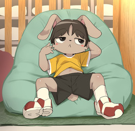 anthro bean_bag bottomwear brown_body brown_fur clothing footwear fur grey_bottomwear grey_clothing grey_eyes grey_hair grey_shorts hair male navel red_clothing red_footwear red_shoes shirt shoes shorts socks t-shirt topwear white_clothing white_footwear white_socks yellow_clothing yellow_shirt yellow_t-shirt yellow_topwear young young_anthro young_male manmosu_marimo