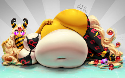 anthro belly big_belly big_breasts black_body breasts clothing eyelashes eyewear female forehead_gem gem glasses hair horn huge_belly huge_breasts legwear long_hair long_neck looking_at_viewer lounging lying master_ball navel obese obese_anthro obese_female on_side overweight overweight_anthro overweight_female pokeball solo stockings striped_neck thick_thighs torn_clothing torn_legwear torn_stockings white_body wide_hips yellow_body miluinaoxie nintendo pokemon team_rocket generation_6_pokemon mammal mega_ampharos mega_evolution pokemon_(species) hi_res