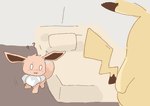 2018 ambiguous_gender bed brown_body confusion duo eevee feral furniture generation_1_pokemon get_it_go inside neck_tuft nintendo pikachu pillow pokemon pokemon_(species) question_mark tuft walking yellow_body