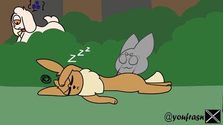 ambiguous_gender anthro black_nose blueberry_(fruit) brown_body brown_fur duo feral food forest forest_background fruit fur genitals male male/ambiguous nature nature_background penetration penis plant question_mark sex size_difference sleep_sex sleeping smaller_penetrated tree white_body white_fur youfrasn nintendo pokemon bovid canid canine caprine eevee fox generation_1_pokemon goat mammal pokemon_(species) 16:9 animated hi_res source_request widescreen