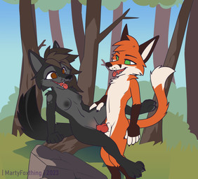 animal_genitalia animal_penis anthro anthro_on_anthro anthro_penetrated anthro_penetrating anthro_penetrating_anthro between_legs black_body black_fur black_nose brown_body brown_eyes brown_fur brown_hair canine_genitalia canine_penis dipstick_tail duo erection fangs female female_penetrated floating_eyebrows fur genitals green_eyes grey_body grey_fur hair humanoid_genitalia humanoid_vulva long_hair male male/female male_penetrating male_penetrating_female markings no_pupils nude open_mouth orange_body orange_fur orange_hair outside penetration penile penile_penetration penis penis_in_vagina plant retracted_sheath rock sex sheath short_hair shrub side_view standing standing_sex tail tail_markings teeth tongue tongue_out tree vaginal vaginal_penetration vulva white_body white_fur martinballamore dakota_(serarel) martin_ballamore canid canine canis fox mammal wolf 2023 absurd_res hi_res