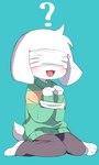 anthro arms_tied biped blindfold blue_background blush bound clothed clothing fur green_clothing kneeling male open_mouth question_mark restrained restraints simple_background solo white_body white_fur young young_anthro syuya undertale undertale_(series) asriel_dreemurr bovid caprine goat mammal 2021 hi_res