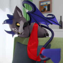 ambiguous_gender anthro biped black_sclera bottle container detailed_background fur furniture grey_body grey_fur head_horn hooves horn membrane_(anatomy) membranous_wings painting_(object) pillow semi-anthro sofa solo spade_tail tail wings yellow_eyes akuo_(niconico_seiga_58518147) nijisanji the_persistence_of_memory vtuber debidebi_debiru demon 1:1 3d_(artwork) digital_media_(artwork) hi_res japanese_description translated_description