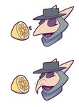 ambiguous_gender animal_mask beak_mask clothing food fruit hat headgear headwear hood horn humor lemon mask plague_doctor plant simple_background solo sour_face white_background r-mk thour_(meme) ambiguous_species 2024 digital_media_(artwork) meme