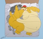 anthro bed chubby_cheeks claws cuddling duo eyebrows eyes_closed face_lick fur furniture green_body green_scales grey_body grey_fur grey_hair hair hand_on_another's_face horn hug huge_moobs licking long_hair lying male male/male moob_grab moobs morbidly_obese obese obese_anthro obese_male on_bed on_side overweight overweight_anthro overweight_male red_hair scales thick_eyebrows tongue yellow_body yellow_scales juano mario_bros nintendo bowser canid canine canis mammal wolf 2019 hi_res