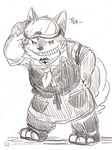 anthro apron clothing eyewear facial_hair goatee goggles grin male short smile solo donguri306 lifewonders live_a_hero procy canid canine canis domestic_dog mammal hi_res sketch