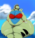 anthro belly big_belly bikini clothing female huge_hips hyper hyper_hips nipple_slip overweight overweight_female sea solo swimwear two-piece_swimsuit water wide_hips alythewolfcat nintendo pokemon generation_2_pokemon pokemon_(species) tyranitar hi_res