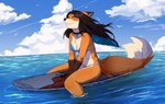 anthro bikini bikini_bottom bikini_top black_hair black_nose breasts cleavage clothed clothed_anthro clothed_female clothing collar eyes_closed female fluffy fluffy_tail fur gloves_(marking) hair markings multicolored_body multicolored_fur orange_body orange_fur sea smile solo surfboard swimwear tail two-piece_swimsuit two_tone_body two_tone_fur water white_body white_fur hakkids2 cynthia_saito canid canine fox mammal 2024 hi_res portrait three-quarter_portrait