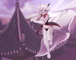 anthro barefoot biped black_nose breasts clothed clothing day detailed_background feet female fur hair holding_object holding_weapon panties purple_eyes sky solo tail thong underwear weapon white_body white_fur white_hair rudragon izanami canid canine fox mammal 2017