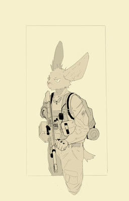 anthro armor backpack bullet clothing gloves gun handwear male military ranged_weapon simple_background solo weapon resrabbutt humanoid lagomorph leporid mammal rabbit hi_res shaded simple_shading