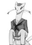 anthro biped bottomless cheek_tuft clothed clothing facial_tuft female front_view looking_at_viewer mouth_closed navel pupils school_uniform simple_background solo tail tuft uniform white_background my700 nintendo pokemon generation_5_pokemon mienshao pokemon_(species) hi_res monochrome