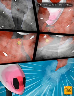 anthro black_body cloak cloak_only clothing female lost_clothes red_clothing solo wardrobe_malfunction white_head wind wind_lift the_nameless_guy hollow_knight_(franchise) team_cherry hornet_(hollow_knight) arthropod hybrid insect comic hi_res