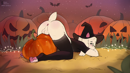 all_fours anthro anus ass_up balls butt clothing costume crop_top eyewear femboy fluffy fluffy_tail food for_a_head fruit genitals glasses halloween_costume hat headgear headwear holidays horn jack-o'-lantern legwear magic_user male pawpads paws plant presenting presenting_anus pumpkin pumpkin_head rear_view shirt small_tail solo stockings tail topwear witch witch_costume witch_hat shtein deltarune halloween undertale_(series) ralsei bat bovid caprine goat mammal object_head hi_res